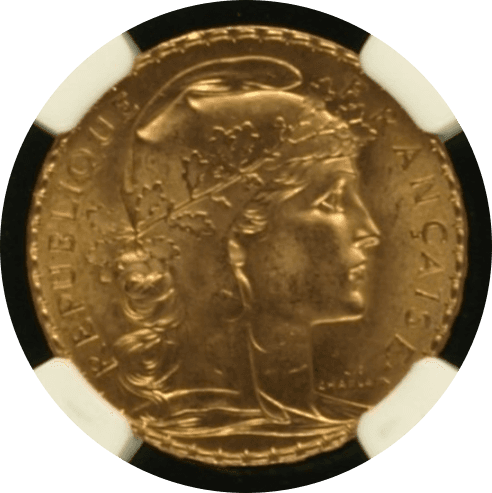 【MS65】1910年 フランス第三共和国 マリアンヌ ルースター 20フラン 金貨(表)