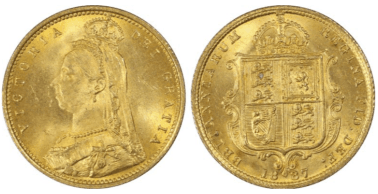 【MS65】1887年 イギリス ヴィクトリア女王 ジュビリーヘッド ”Without JEB” 1/2ソブリン金貨(表)
