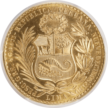 【MS65】1964年 ペルー 女神の坐像 100ソル金貨(裏)