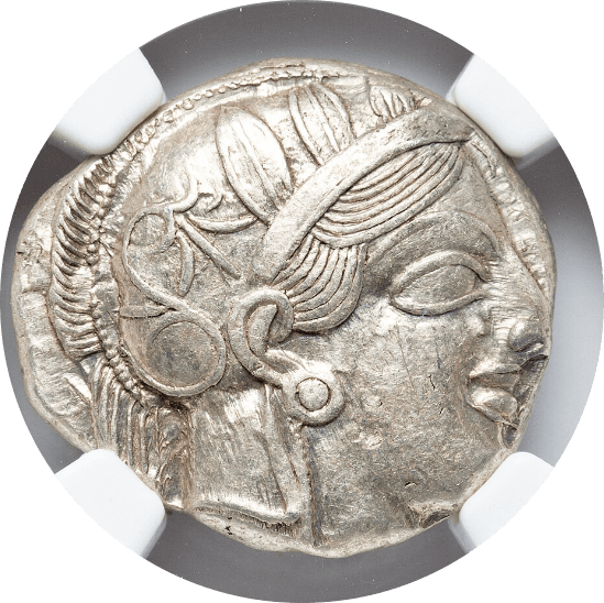 【AU 4/5 4/5】紀元前440年〜404年 古代ギリシア アッティカ 女神アテナ テトラドラクマ フクロウ銀貨(表)