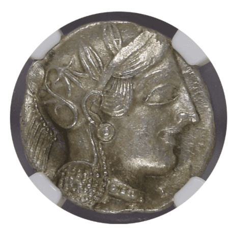 【MS 4/5 4/5】紀元前440年?404年 古代ギリシャ アッティカ 女神アテナ テトラドラクマ フクロウ銀貨(表)
