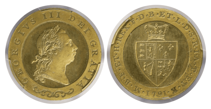 【PR63 CAMEO】1791年 イギリス ジョージ3世 試鋳貨 1ギニー銅製金貨