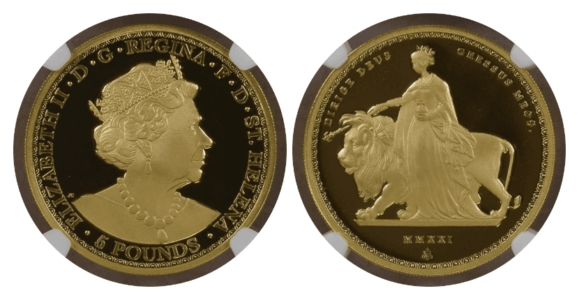 【PF69 ULTRA CAMEO】2021年 イギリス セントヘレナ ウナとライオン 5ポンド 1オンス金貨