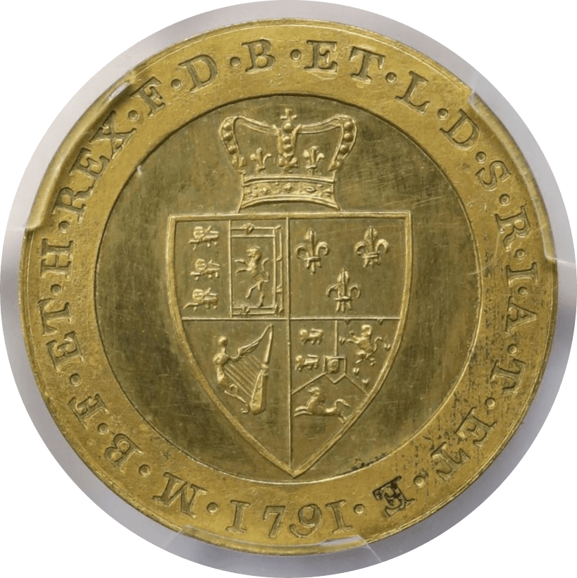 【PR63 CAMEO】1791年 イギリス ジョージ3世 試鋳貨 1ギニー銅製金貨(裏)