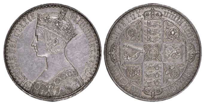 【PF58】1847年 イギリス ヴィクトリア女王 ゴチッククラウン銀貨 アンデシモエッジ