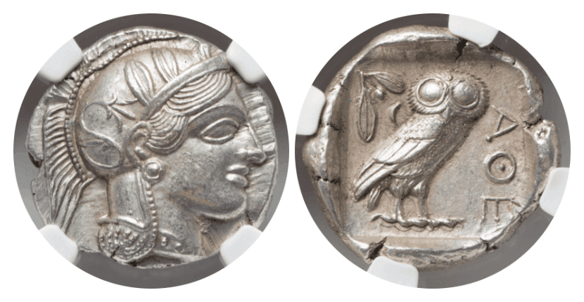 【MS 5/5 4/5】紀元前440年?404年 古代ギリシャ アッティカ 女神アテナ テトラドラクマ フクロウ銀貨