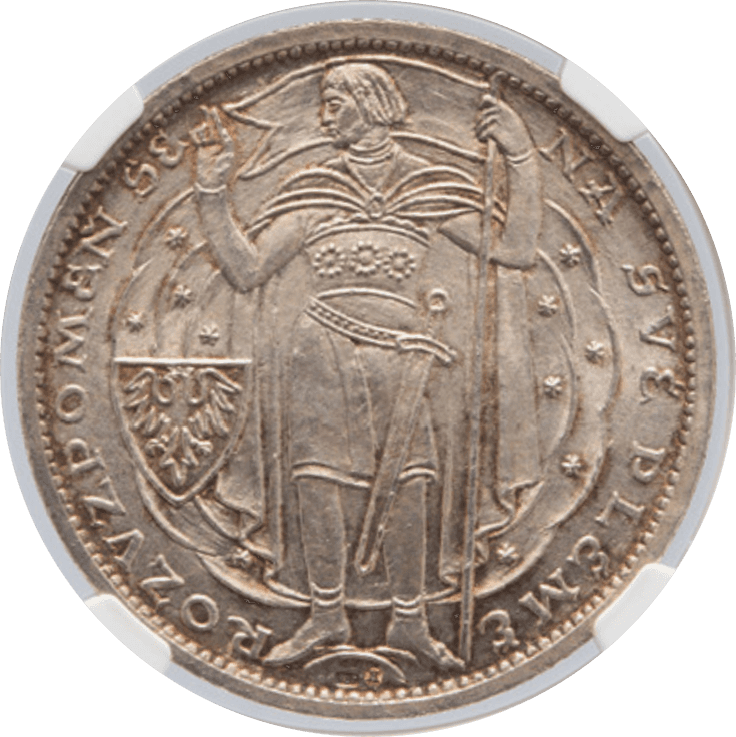 【MS67】1929年 チェコスロバキア キリスト教伝来 1000周年記念 10ダカット銀貨(表)