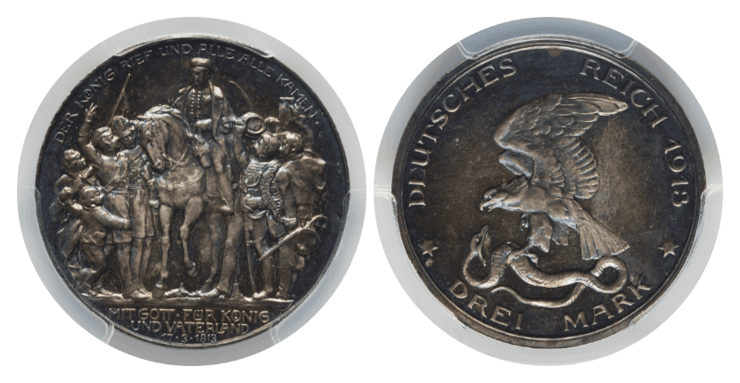 【PR66】1913年 ドイツ ヴィルヘルム2世 ナポレオン戦争敗北100周年記念 3マルク銀貨