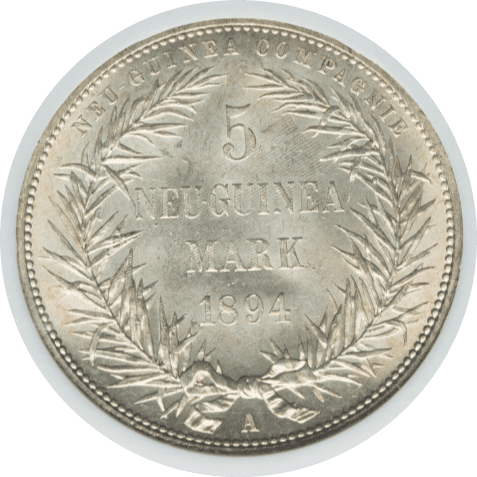 【MS65】1894年 ドイツ領ニューギニア 極楽鳥 5マルク銀貨(裏)