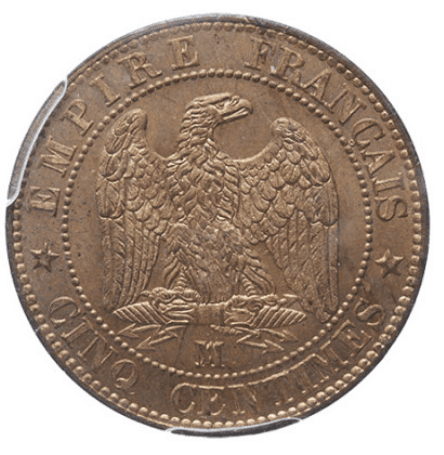 【MS64 RB】1853年 フランス 第二帝政 ナポレオン3世 5サンチーム 銅貨(裏)