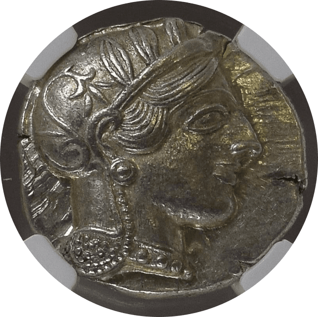 【Ch AU 5/5 5/5】紀元前440年〜404年 古代ギリシア アッティカ 女神アテナ テトラドラクマ フクロウ銀貨(表)