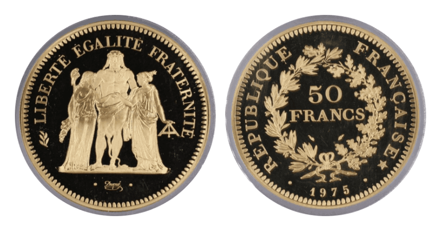 【SP67】1975年 フランス ヘラクレス ピエフォー 50フラン金貨