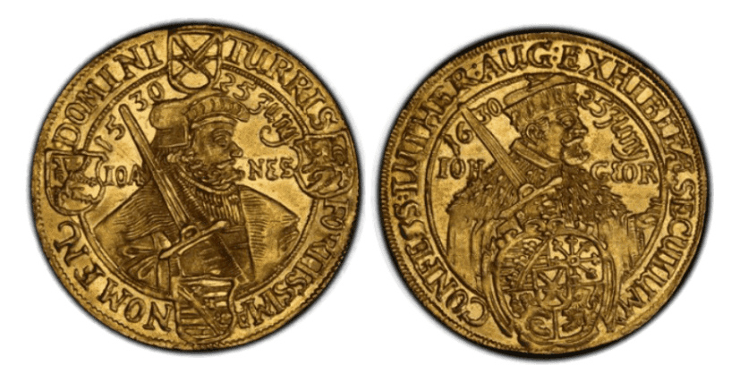 【MS63】1630年 神聖ローマ帝国 ドイツ ザクセン 2ダカット 金貨 アウクスブルク信仰告白 100周年記念金貨