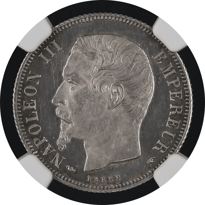 【MS63 CAMEO】1854年 フランス 第2帝政 ナポレオン3世 無冠 1フラン銀貨(表)