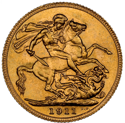 【MS64】1911年 英領カナダ ジョージ5世 セントジョージ 1ソブリン金貨(裏)