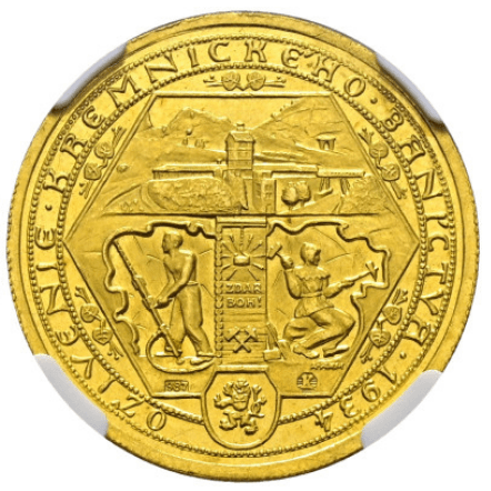 【MS65 PL】1934年 チェコスロバキア クレムニツァ鉱山再開記念 2ダカット金貨(裏)