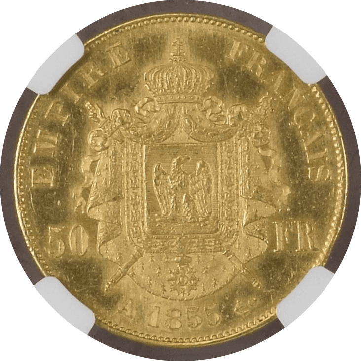 【MS63★】1855年 フランス第2帝政 ナポレオン3世 無冠 50フラン金貨(裏)