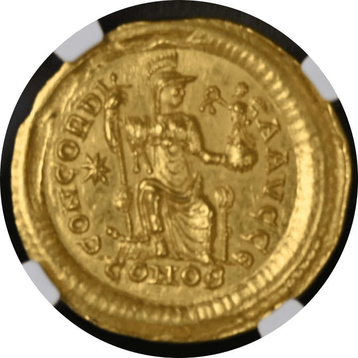 【MS★ 5/5 4/5】402年〜450年 ビザンツ帝国(東ローマ帝国)テオドシウス2世 ソリダス金貨(裏)