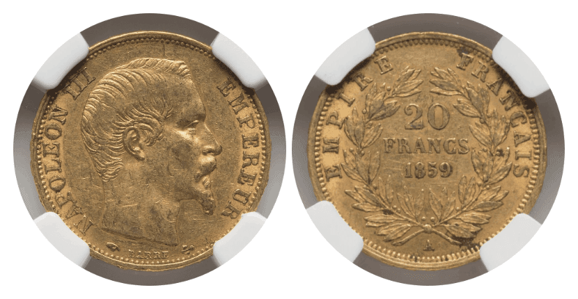 【AU53】1859年 フランス 第二帝政 ナポレオン3世 20フラン金貨