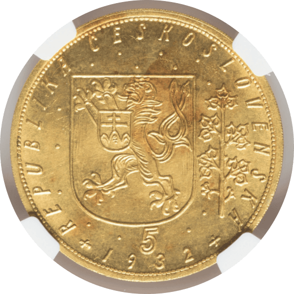 【MS65】1932年 チェコスロバキア 5ダカット金貨(裏)