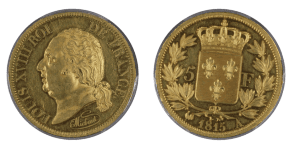 【SP61】1815年 フランス王国 ルイ18世 復古王政 5フラン試作金貨「ESSAI」