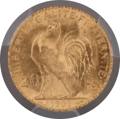 【MS67】1909年 フランス第三共和国 ルースター 20フラン金貨(裏)