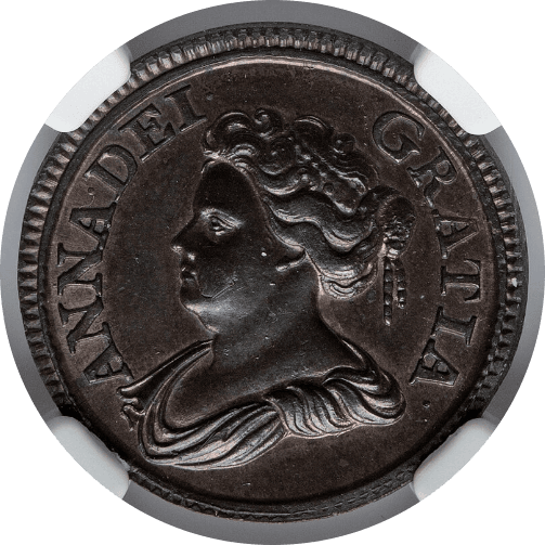 【MS64 BN】1714年 イギリス アン女王 試鋳貨 ファージング(1/4ペニー)銅貨(表)