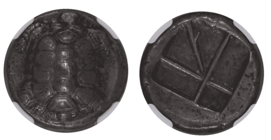 【Ch XF 5/5 4/5】紀元前350年?338年 古代ギリシア エギナ島 陸亀の甲羅 スターテル銀貨