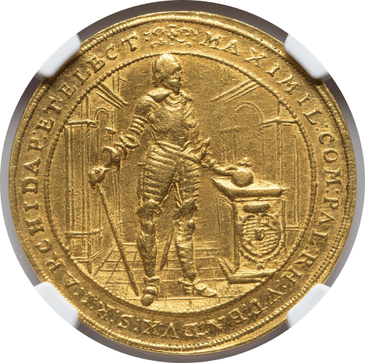 【AU53】1640年 神聖ローマ帝国 ドイツ バイエルン マクシミリアン1世 都市景観 5ダカット金貨(表)