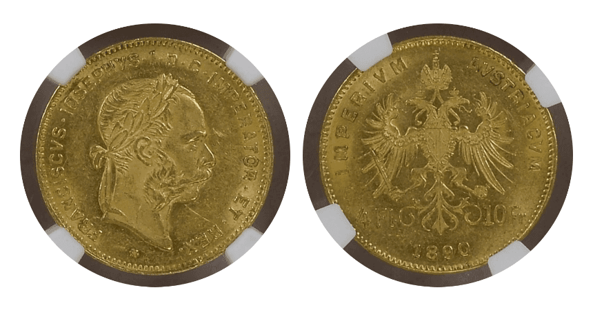 【MS61】1890年 オーストリア フランツヨーゼフ1世 10フラン 4フローリン金貨