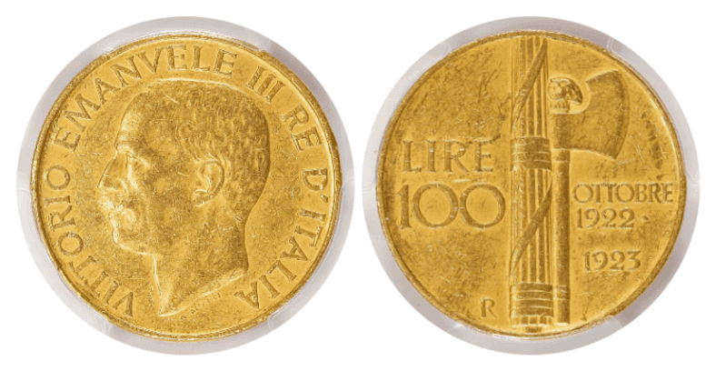 【AU53】1923年 イタリア ヴィットリオ・エマニュエーレ3世 ファシスト政権1周年記念 100リレ金貨