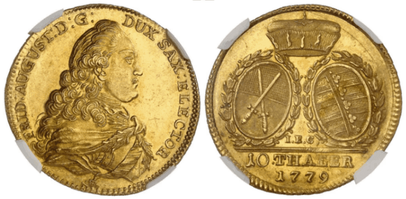 【MS63】1779年 神聖ローマ帝国 ドイツ フリードリヒ・アウグスト3世 10ターラー金貨