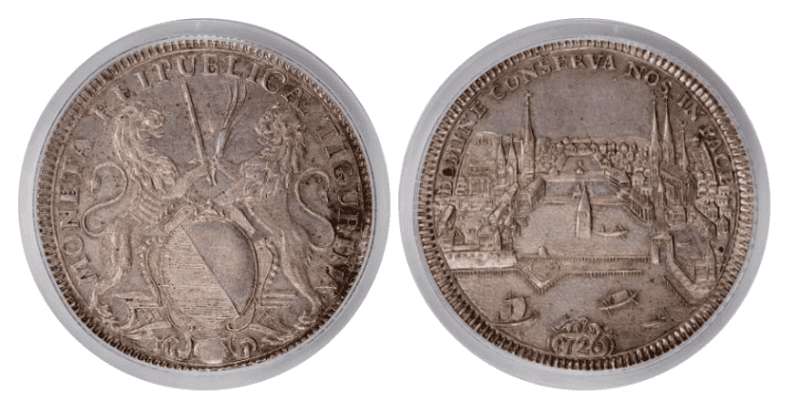 【AU58】1726年 スイス チューリッヒ 都市景観 ターラー銀貨