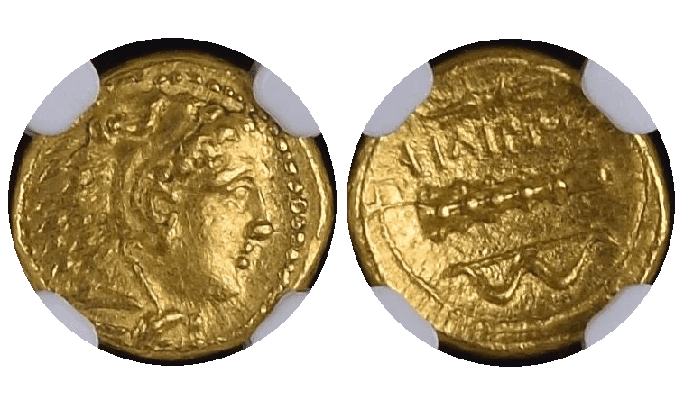 【Ch AU 5/5 4/5】紀元前359年?336年 古代マケドニア王国 ピリッポス2世 1/4スターテル金貨(表)