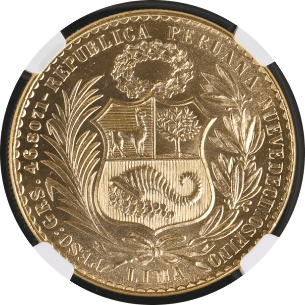 【MS63】1962年 ペルー 女神の坐像 100ソル金貨(裏)
