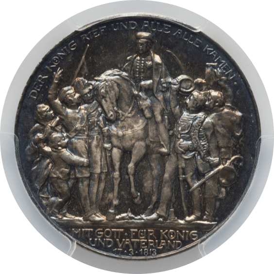 【PR66】1913年 ドイツ ヴィルヘルム2世 ナポレオン戦争敗北100周年記念 3マルク銀貨(表)