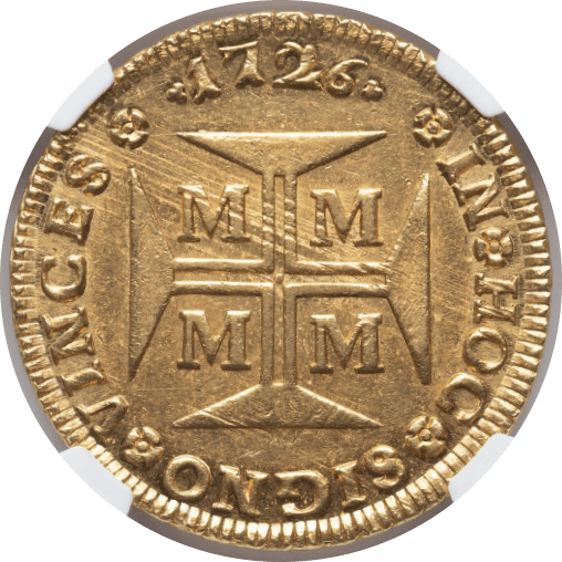【MS62】1726年 ポルトガル領ブラジル ジョアン5世 20000レイス金貨(表)