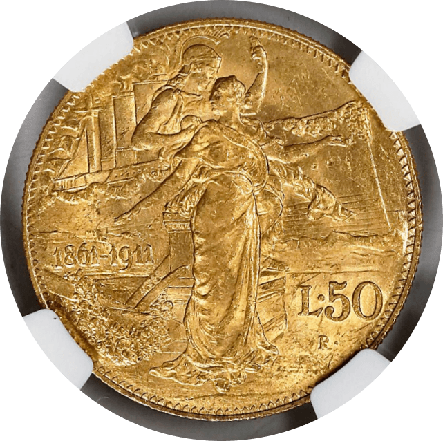 【MS61】1911年 イタリア ヴィットリオ・エマニュエーレ3世 建国50周年記念 50リレ金貨(裏)