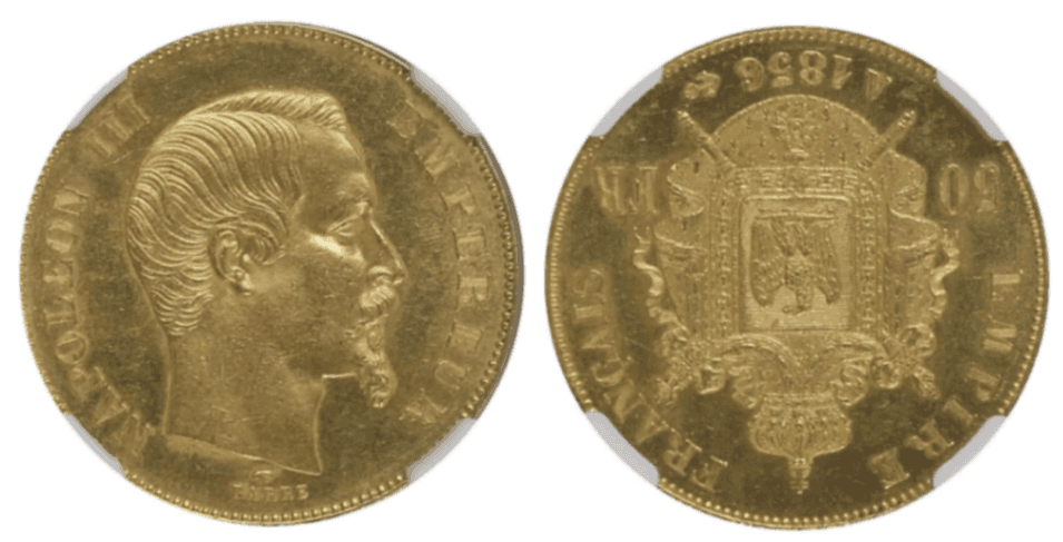 【MS63】1856年A 第二帝政フランス ナポレオン3世 50フラン金貨