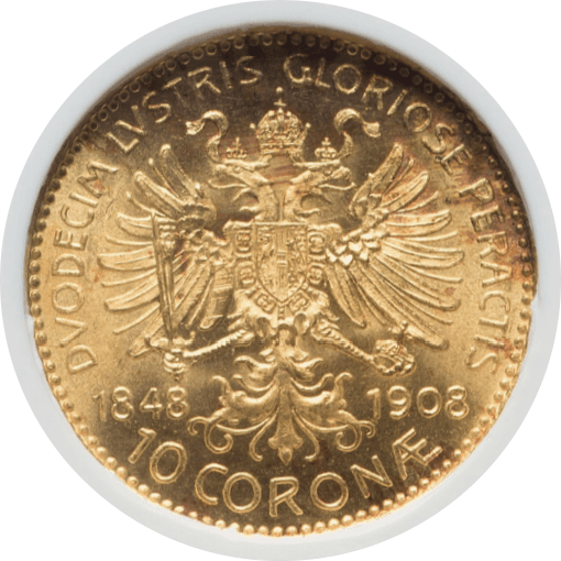 【MS65】1908年 オーストリア フランツ・ヨーゼフ1世 皇位60周年記念 10コロナ金貨(裏)