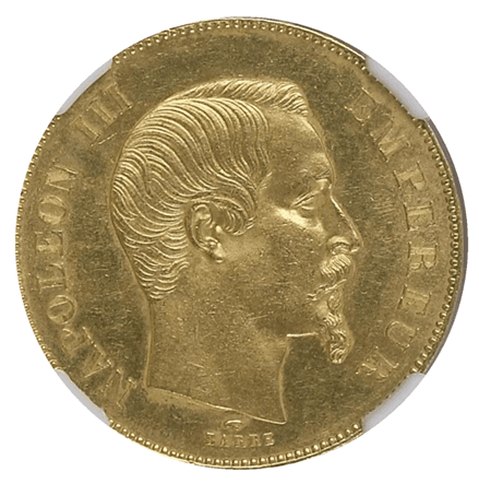 【MS63】1856年A 第二帝政フランス ナポレオン3世 50フラン金貨(表)