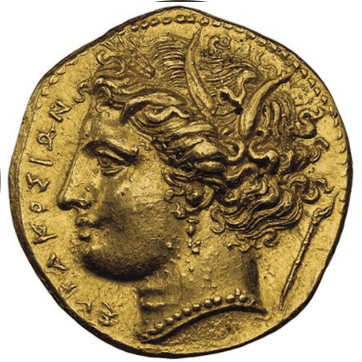 【AU 3/5 4/5 Fine Style】紀元前288年〜279/8年 古代ギリシア シチリア島 シラクサ ヒケタス デカドラクマ金貨(表)