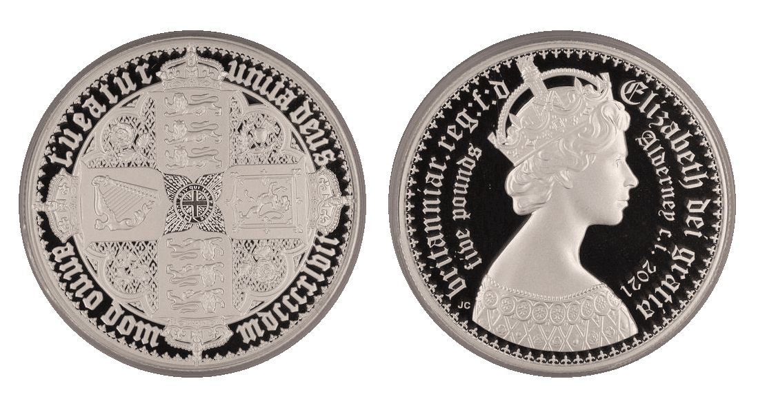 【PR70 DEEP CAMEO】2021年 オルダニー島 エリザベス世 ニューゴチッククラウン 5ポンド銀貨 2枚セット(ポートレート)(表)