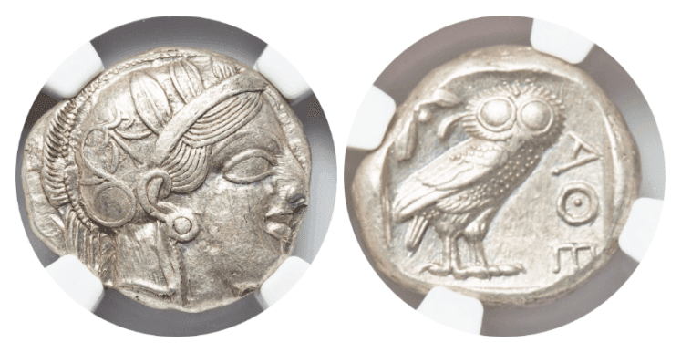 【AU 4/5 4/5】紀元前440年〜404年 古代ギリシア アッティカ 女神アテナ テトラドラクマ フクロウ銀貨