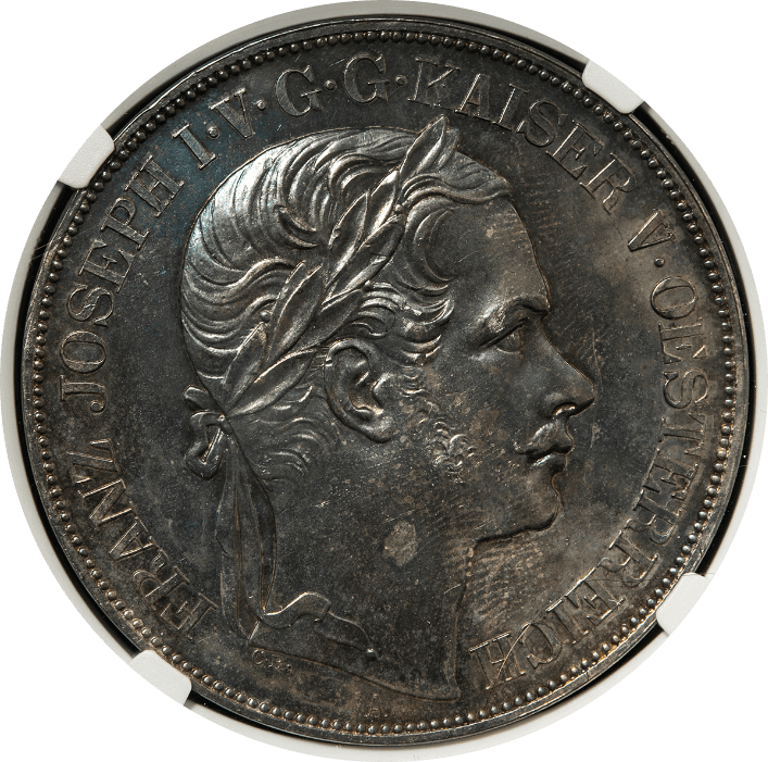 【PF60】1857年 オーストリア フランツ・ヨーゼフ1世 ウィーン・トリエステ鉄道開通記念 2ターラー銀貨(表)