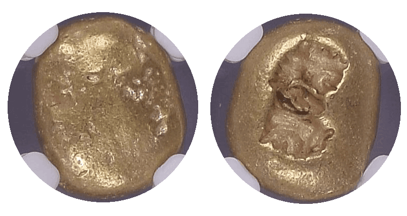 【Ch XF 4/5 4/5】紀元前650年?600年 古代ギリシア イオニア 1/3 スターテル 琥珀金(エレクトラム)貨(表)