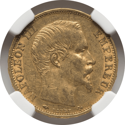【AU53】1859年 フランス 第二帝政 ナポレオン3世 20フラン金貨(表)