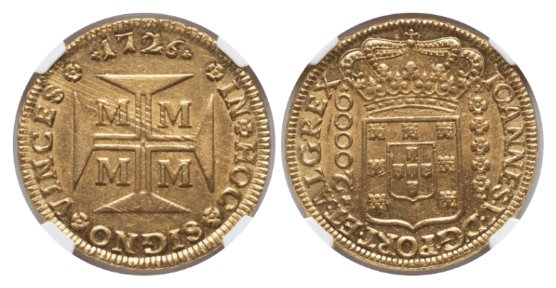 【MS62】1726年 ポルトガル領ブラジル ジョアン5世 20000レイス金貨