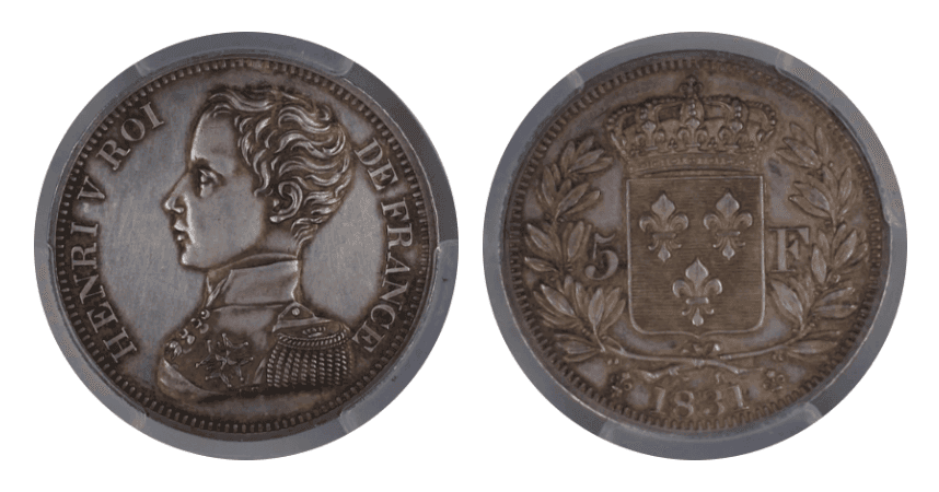 【SP61】1831年 フランス アンリ5世 5フラン銀貨 ハイレリーフ 試鋳貨