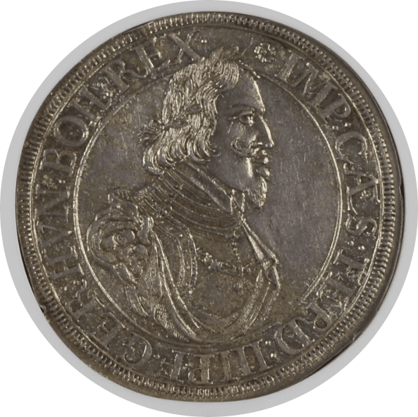 【MS 63+】1643年 ドイツ 神聖ローマ帝国 フェルディナンド3世 アウグスブルグ 都市景観 ターラー銀貨(表)